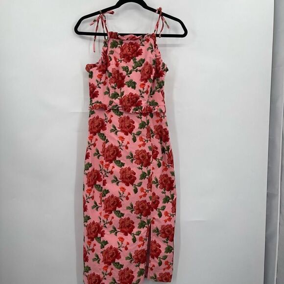 Anthropologie Pink Red Floral Ruffled Peplum Halter Midi Dress Size Small - Picture 1 of 10